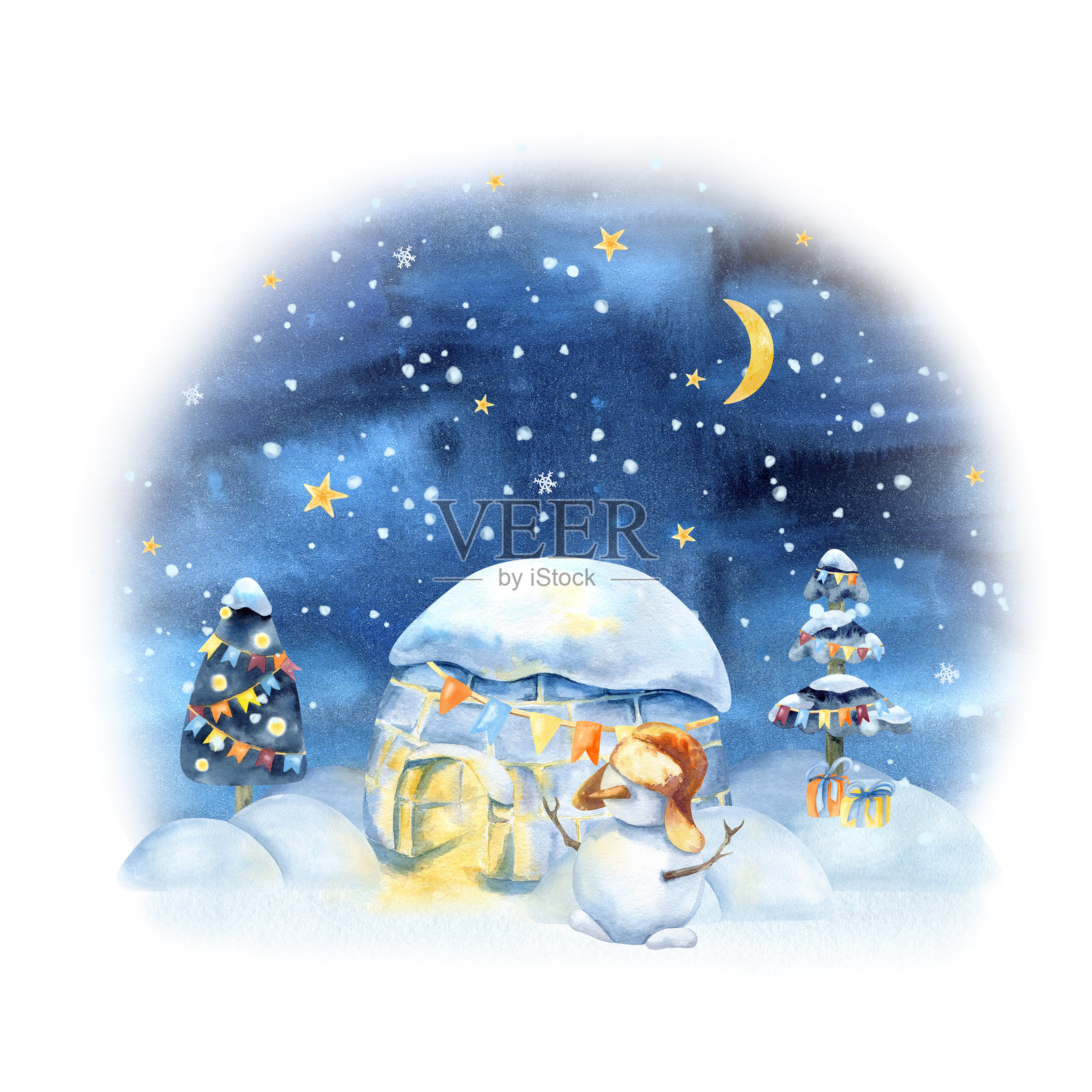 圣诞极地之夜，冰屋，星空，月亮，雪人，装饰树。北方雪景，雪堆，水彩插画。贺卡，新年包装，装饰。插画图片素材