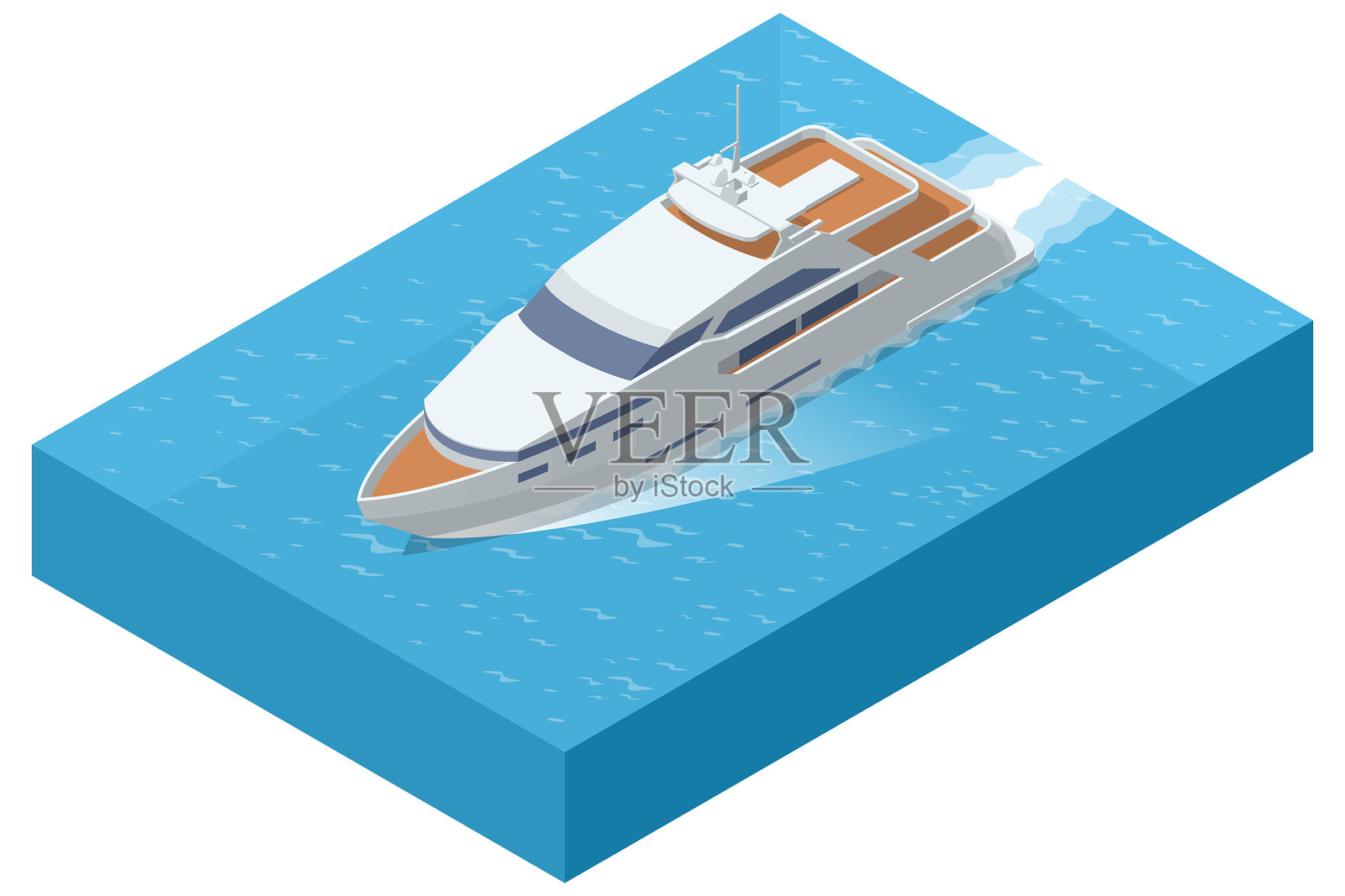 蓝色水面上移动的等距游艇，游艇航行时留下一串尾迹。旅行、奢华、海上运输或夏日假期。一艘现代豪华游艇在水面上高速航行的俯视视角。插画图片素材