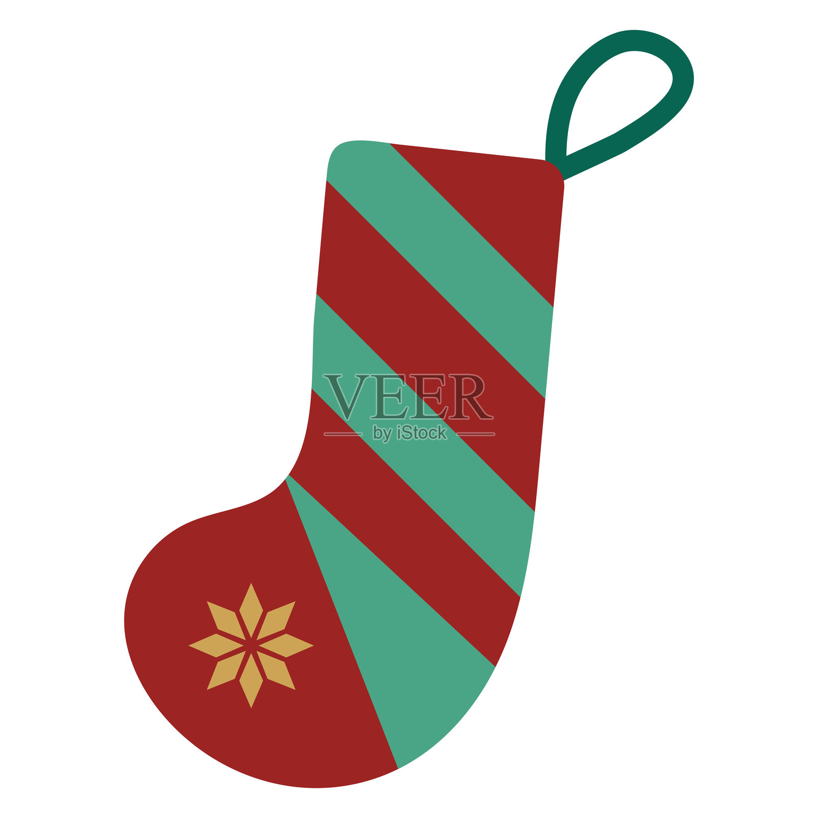 矢量插画，一个袜子形状的圣诞树玩具，采用扁平复古风格，白色孤立背景。圣诞装饰。插画图片素材