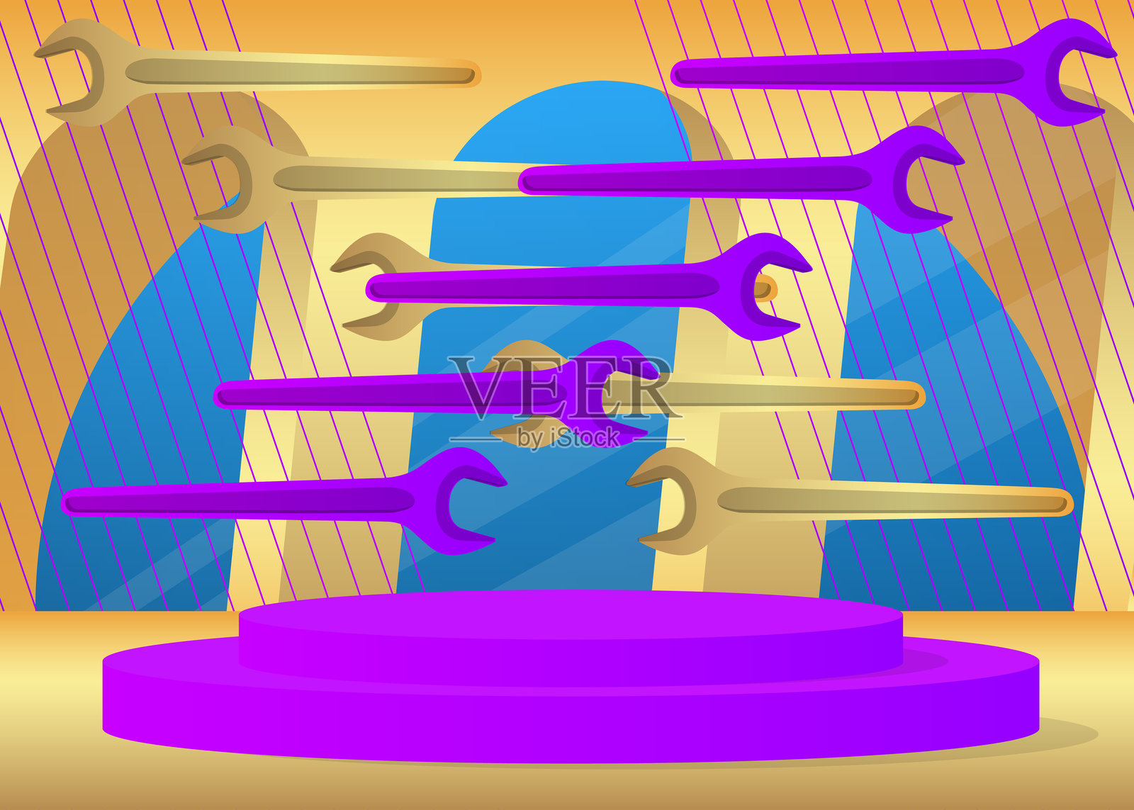 带有扳手的模型产品展示。矢量圆柱形展示台。用于演示的舞台展示。极简几何图形。插画图片素材