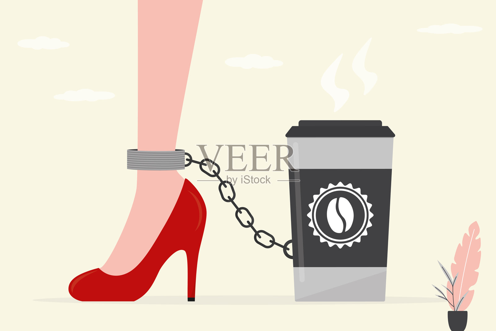 穿着高跟鞋的女性腿部被链子锁住，连接着咖啡杯。女人有咖啡瘾。戴着镣铐的女性腿部。插画图片素材