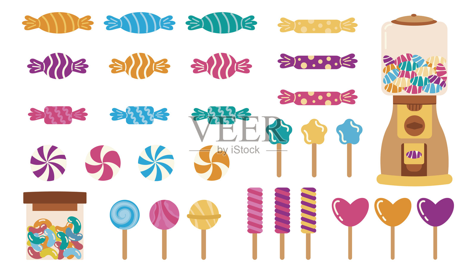 糖果机里的甜点、糖果、棒棒糖、焦糖、糖衣。插画图片素材