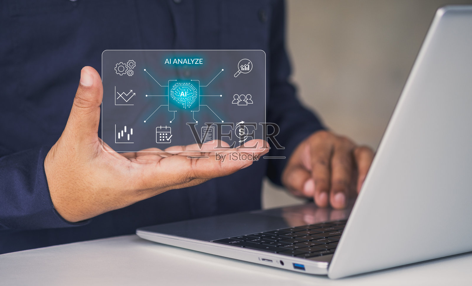 人工智能分析技术可视化，展示了人工智能、数据驱动的业务决策、预测分析、财务洞察、流程优化和数字战略创新。照片摄影图片