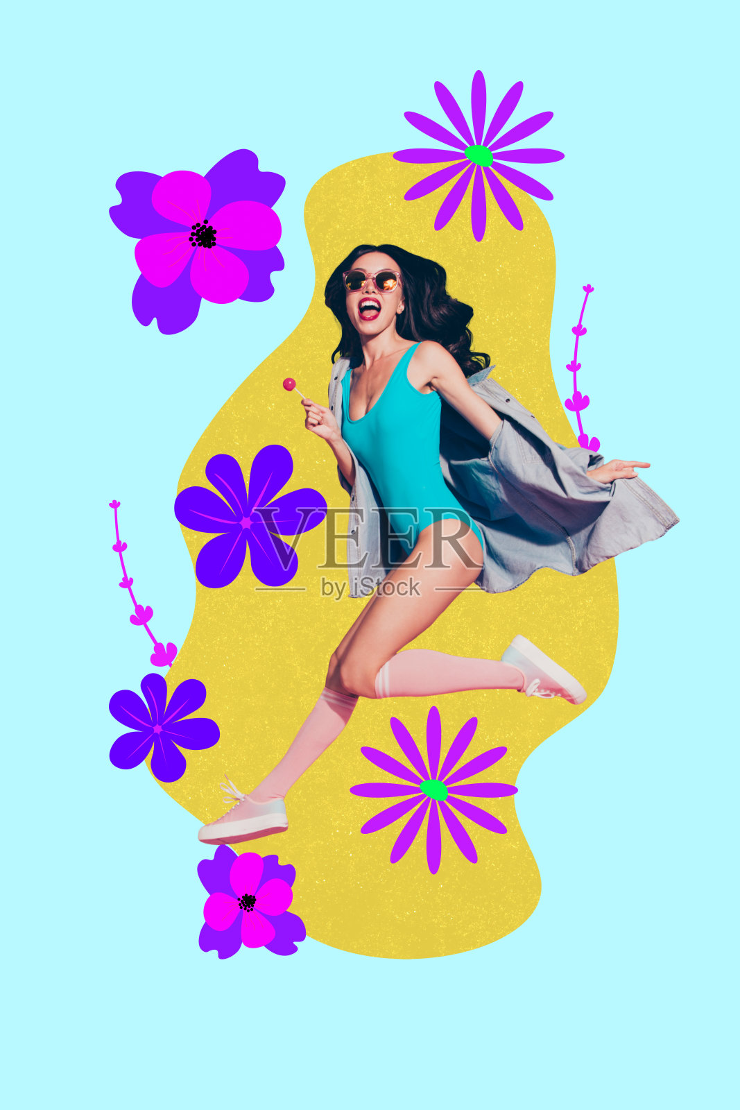 拼贴画，色彩缤纷的花朵与滑稽的人物，象征着家庭、亲情、友情、爱情、约会、浪漫关系。照片摄影图片