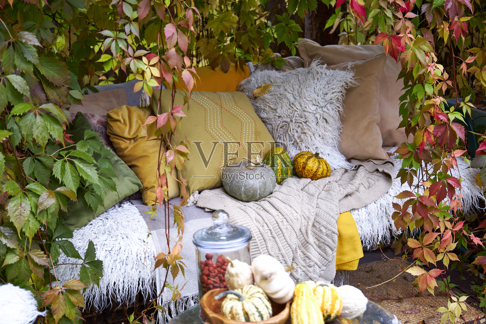 质朴的秋季静物，花园秋千角落里摆放着南瓜、浆果、舒适的毯子和秋叶。带有自然纹理和多彩叶子的舒适户外季节性装饰。照片摄影图片