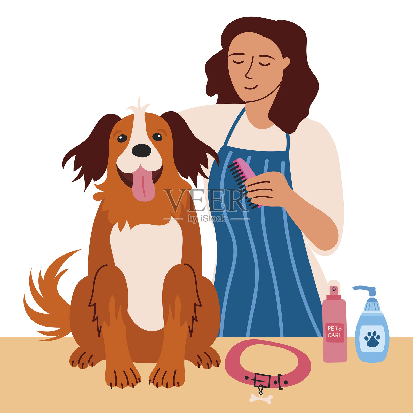 宠物美容院里，一位年轻女子正在给狗梳毛。宠物美容院里的宠物护理用品矢量图。插画图片素材