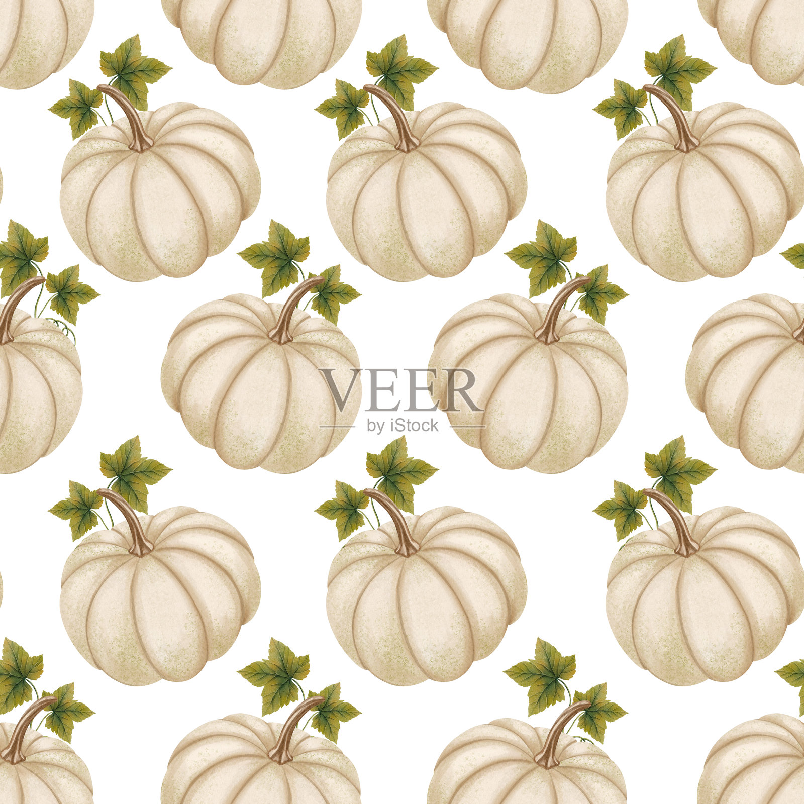 无缝南瓜和秋叶图案，水彩风格，温馨舒适，适合季节性纺织品、礼品包装、文具。插画图片素材