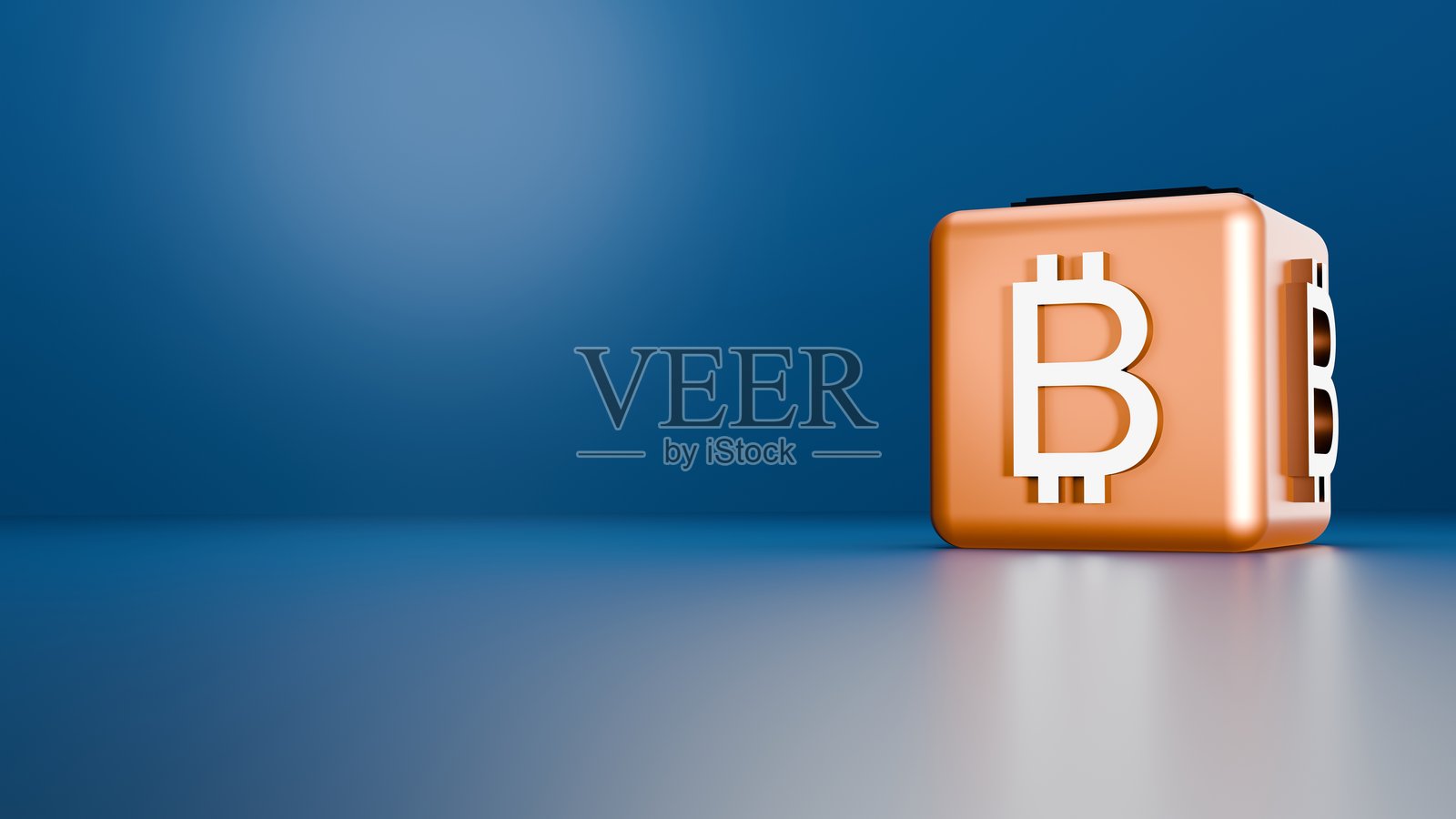 橙色立方体上的比特币加密货币符号，背景为蓝色，代表金融、区块链、投资和交易概念照片摄影图片