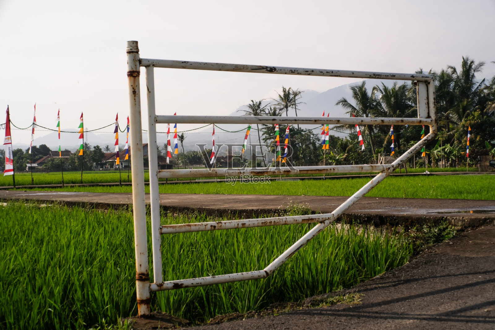 一扇生锈的白色铁艺门。照片摄影图片