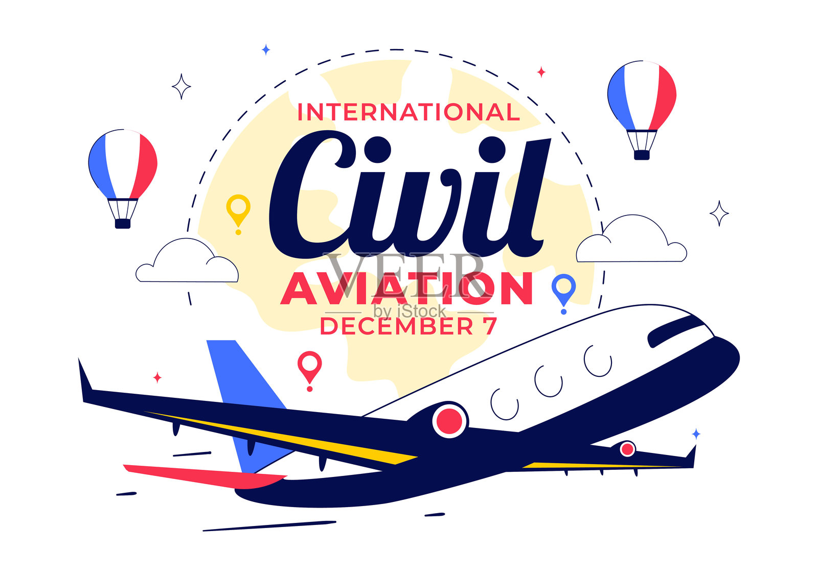 12月7日国际民航日插画，以飞机和蓝天为特色，在扁平化背景中致敬航空业。插画图片素材