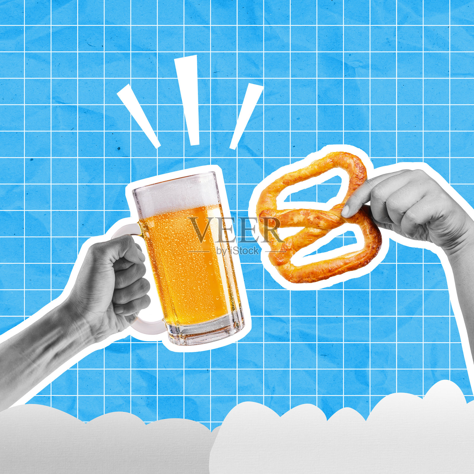 人类的手握着一个玻璃啤酒杯和一个椒盐卷饼面包，以庆祝慕尼黑啤酒节，背景色彩鲜艳。慕尼黑啤酒节的拼贴艺术。照片摄影图片