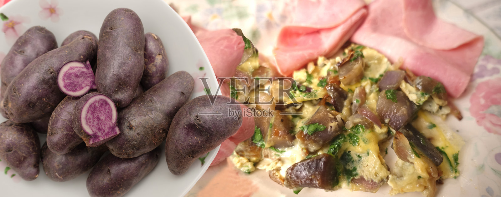 紫罗兰土豆和熟火腿煎蛋卷（配料）照片摄影图片