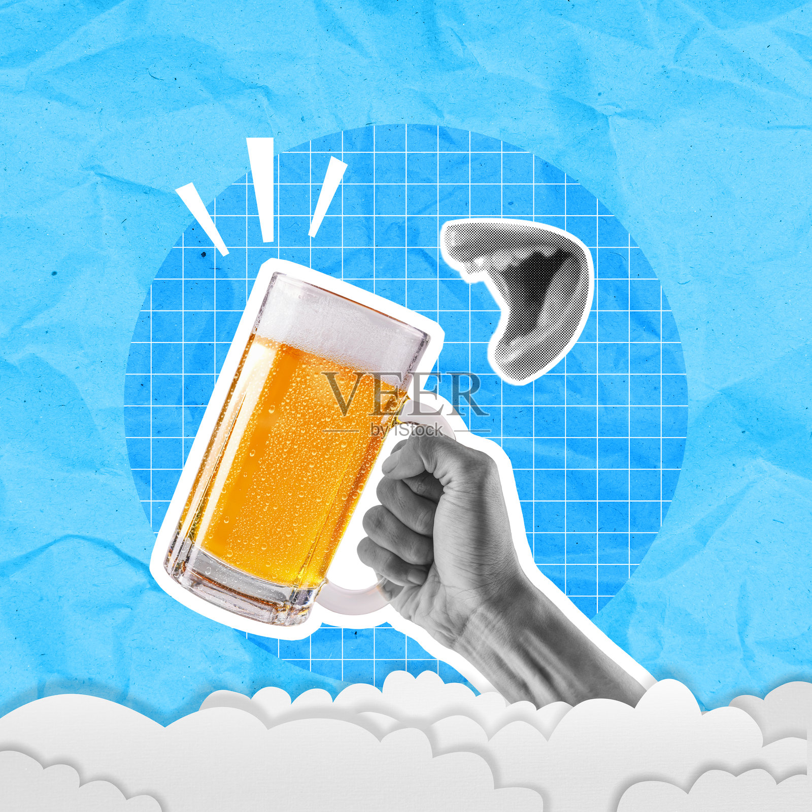 人类的嘴喝啤酒，庆祝啤酒节，背景多彩。啤酒节的拼贴艺术。照片摄影图片