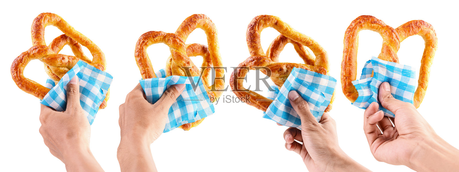 一堆人类手拿着咸味烘焙棕色椒盐卷饼，背景是蓝白格子的桌布或餐巾，孤立在白色背景上。慕尼黑啤酒节照片摄影图片