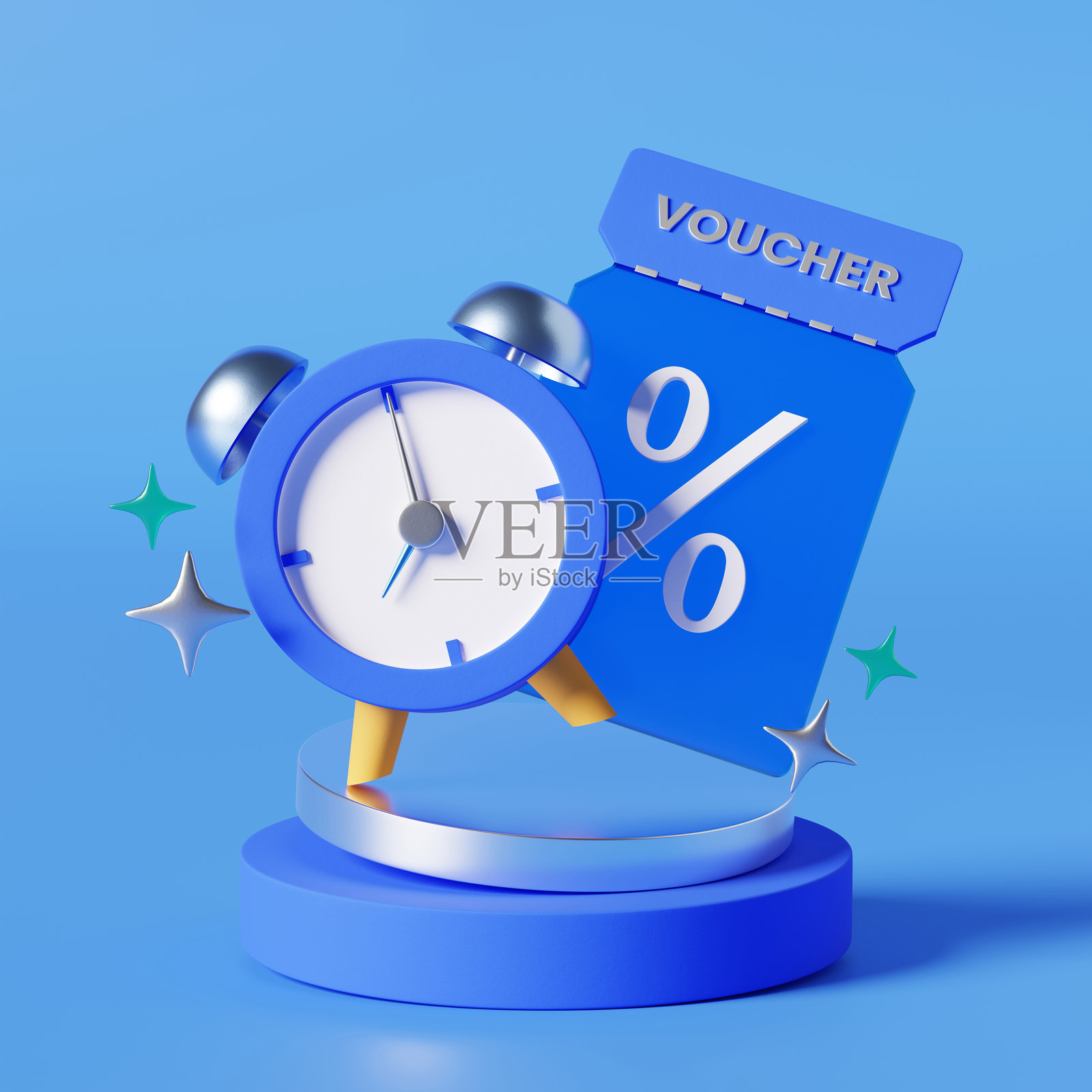 3D图标，包含礼券卡和闹钟，象征着顾客奖励。照片摄影图片