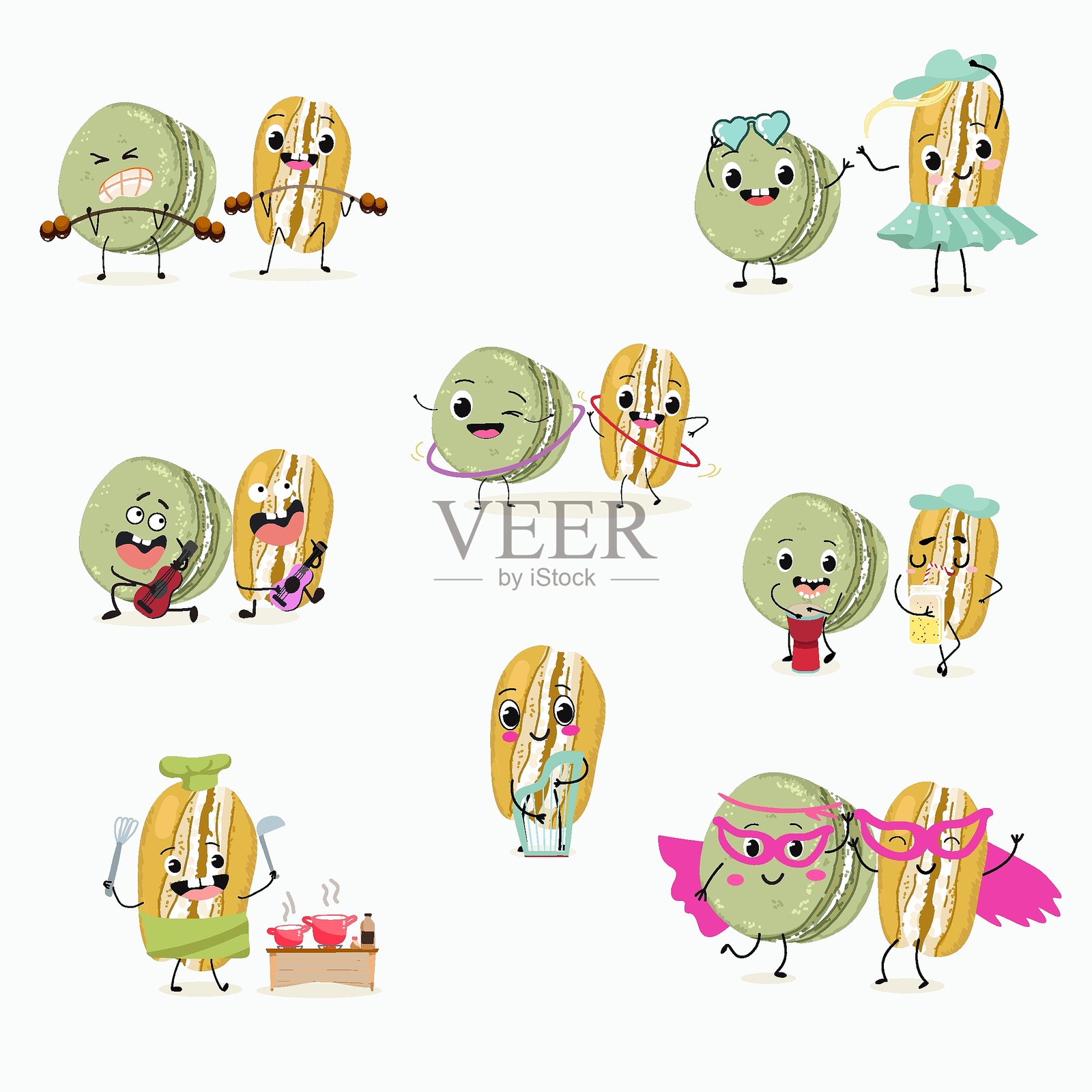 卡通马卡龙表情包，手绘矢量插画。插画图片素材