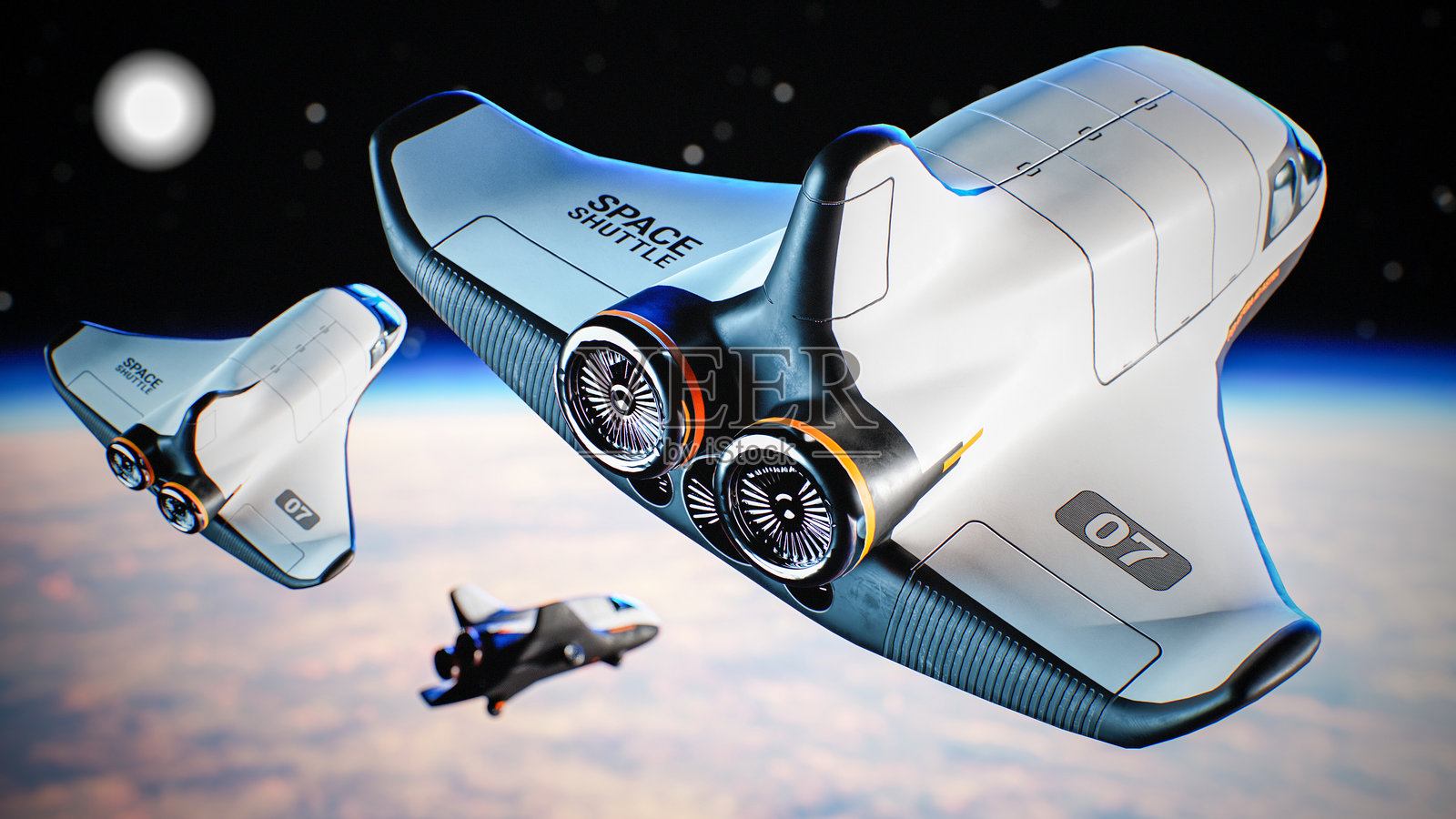 玩具可重复使用航天器在地球附近飞行，3D计算机图形照片摄影图片