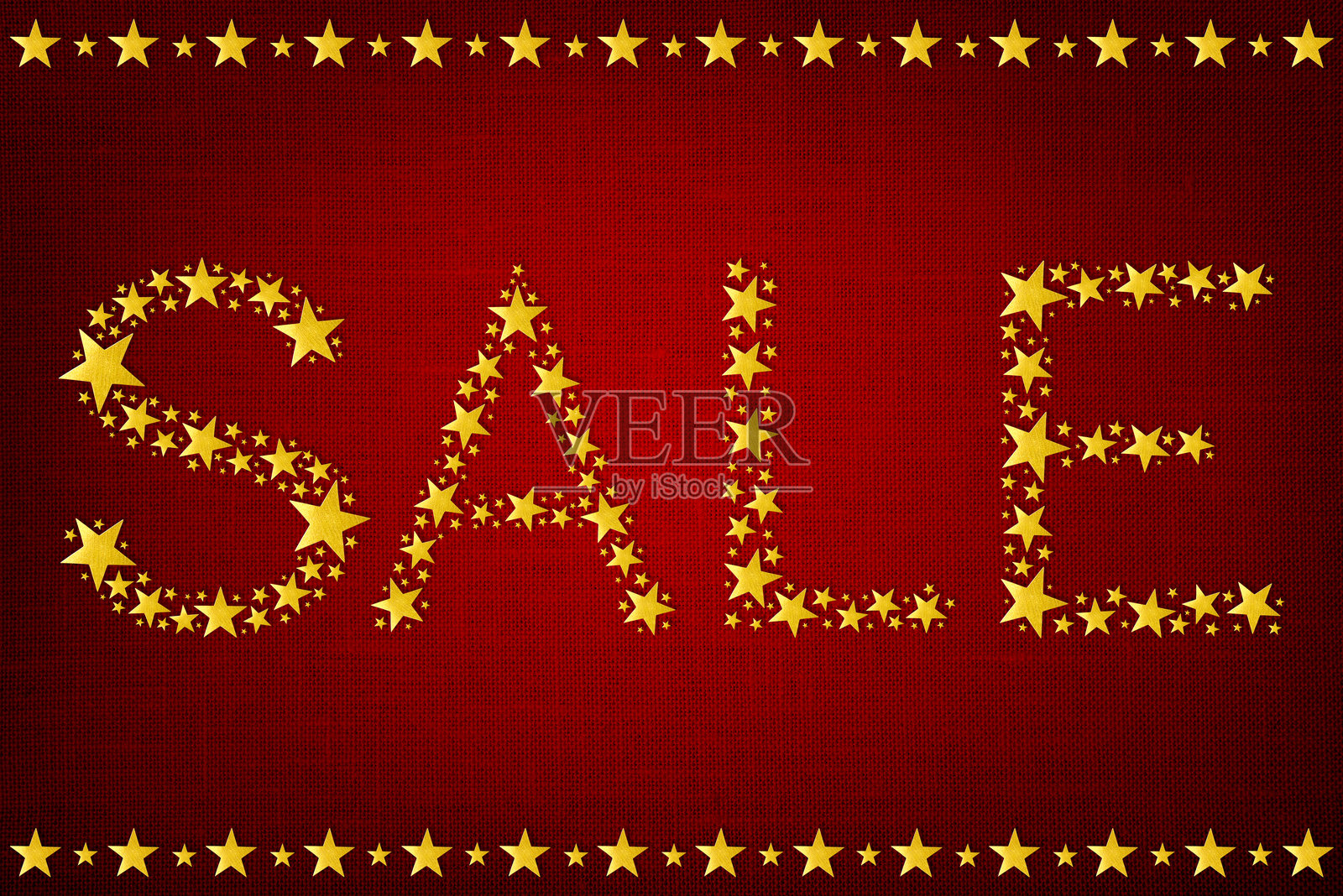 喜庆节日促销横幅，红色织物纹理上的闪亮金色星星“SALE”文字。照片摄影图片