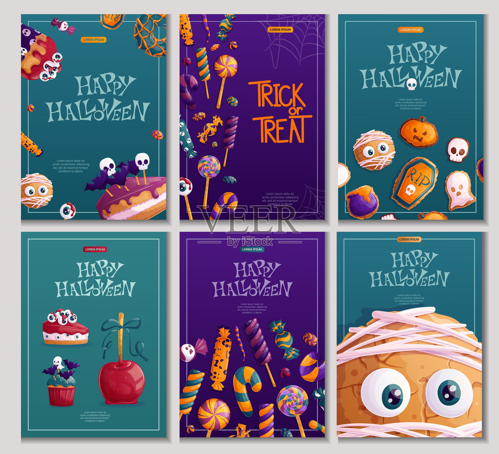 一套万圣节设计模板。装饰有蝙蝠、眼球的糖果、甜点、饼干、糕点。“不给糖就捣乱。”插画图片素材