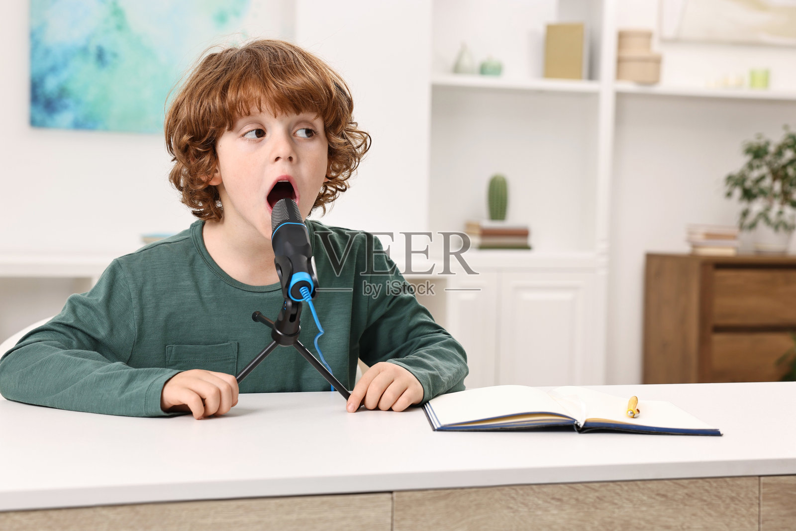 小男孩在室内的白色桌子旁拿着麦克风照片摄影图片