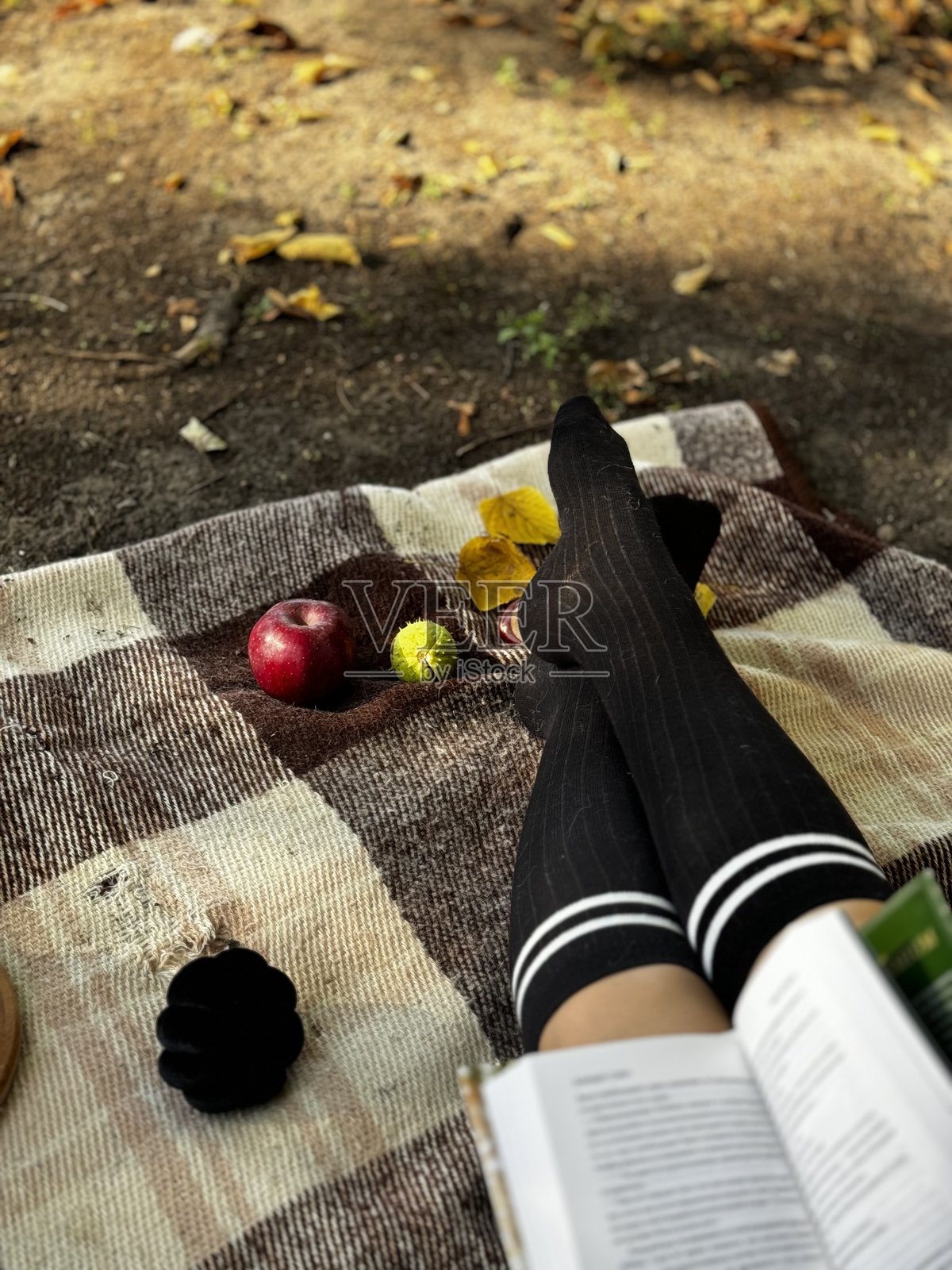 一位女士裹着毯子在秋天的公园里照片摄影图片