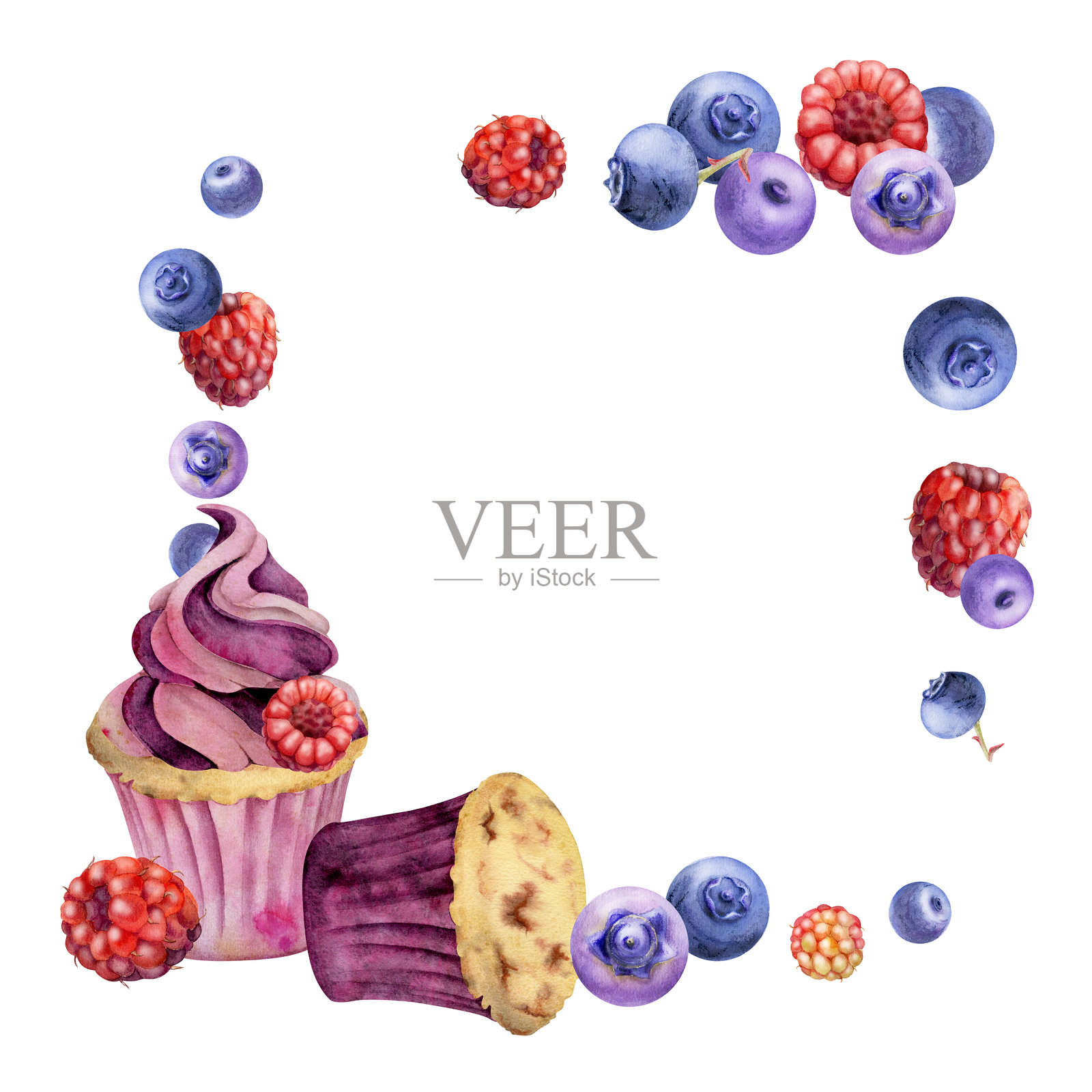水彩杯子蛋糕，点缀着散落的混合浆果，成熟的蓝莓覆盆子旋涡。手绘孤边插画。菜单边框艺术，甜点烹饪课程，烘焙主题邀请函。插画图片素材