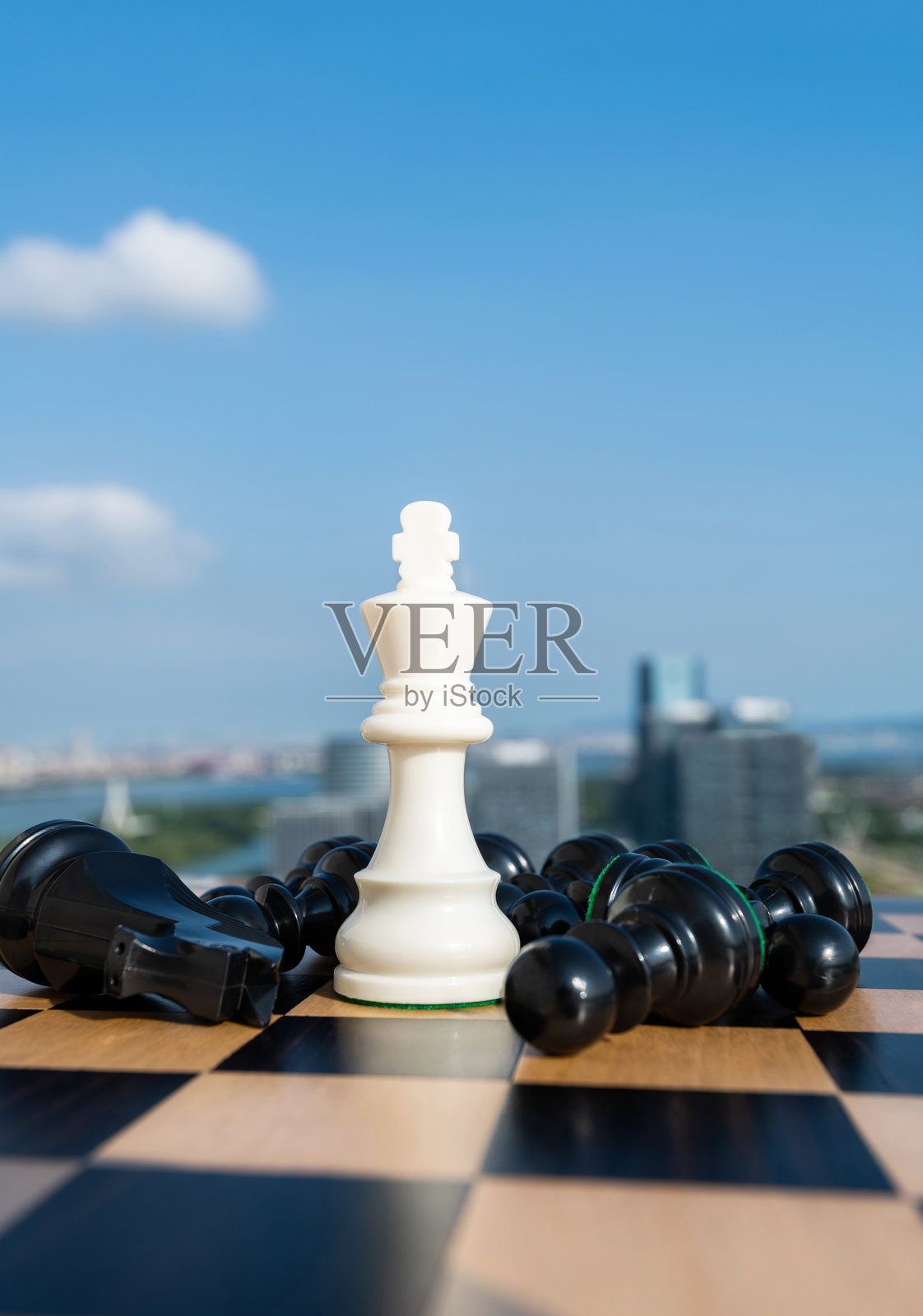 白色的王棋子立在棋盘上照片摄影图片