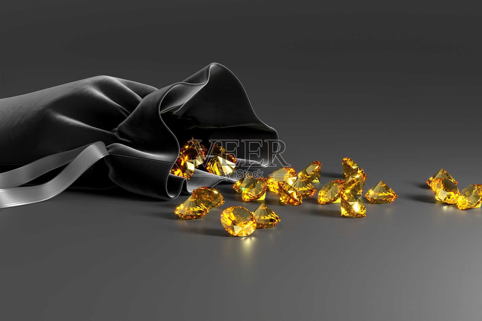 深色背景上散落着托帕石的黑色天鹅绒包。珍贵宝石展览。3D渲染。照片摄影图片