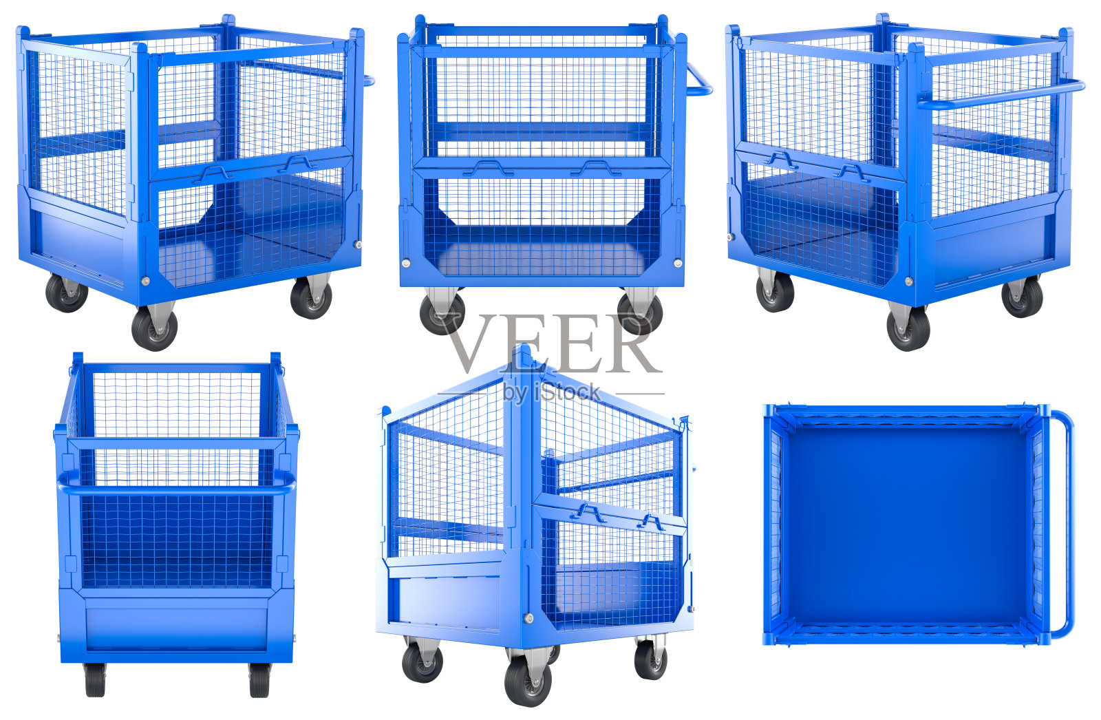 可折叠运输箱托盘和带轮子的可折叠线网托盘，从多个角度展示。3D渲染照片摄影图片