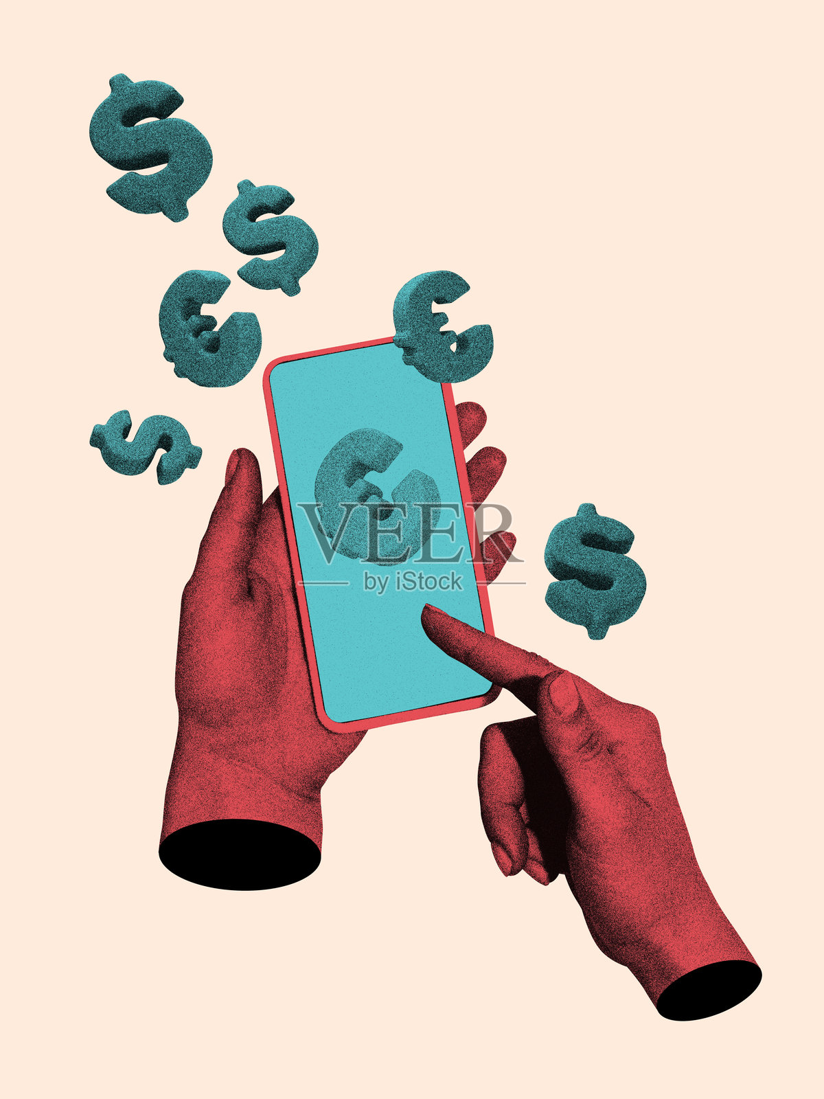 图文构成。手持智能手机，周围飞舞着货币符号。照片摄影图片