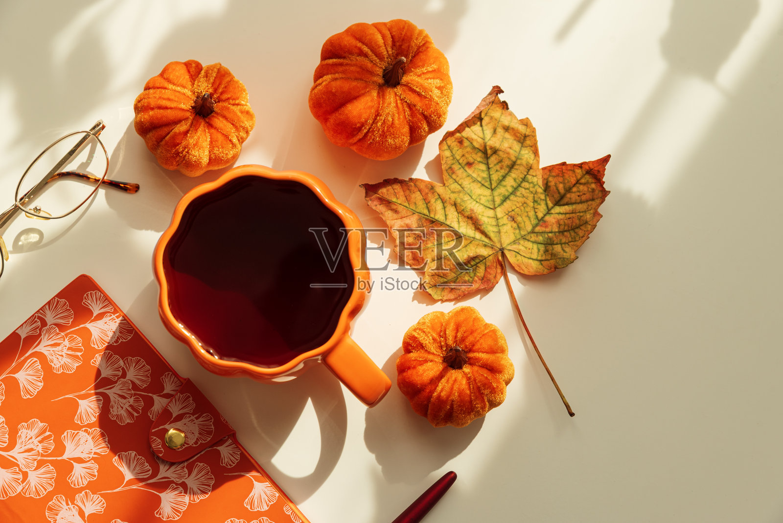 秋季平铺，包含咖啡杯、南瓜和季节性装饰照片摄影图片