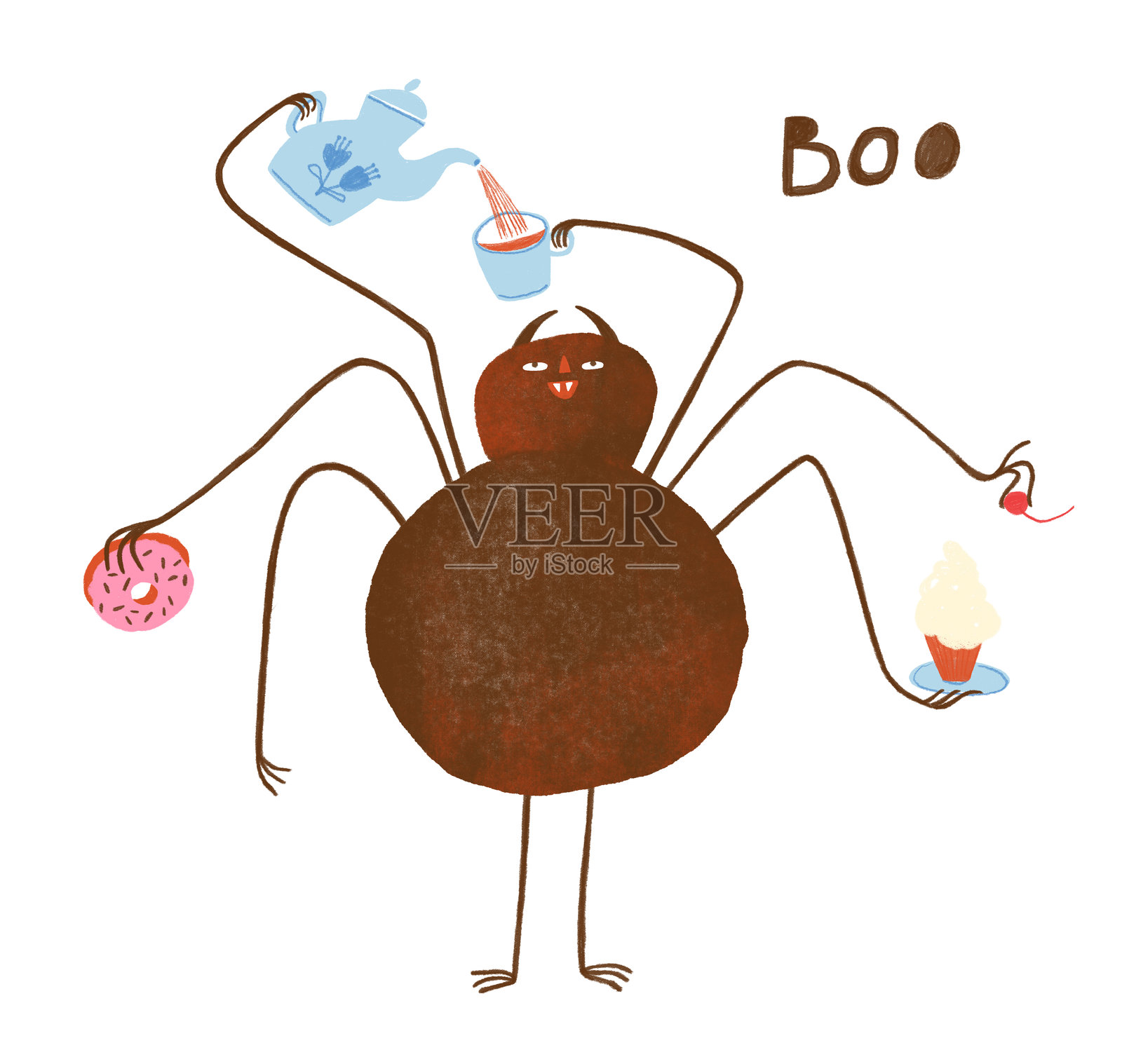 一只有趣的蜘蛛在喝茶吃蛋糕插画图片素材