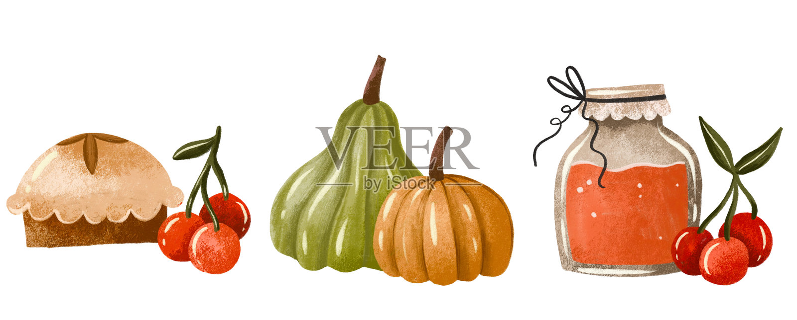 秋季丰收。秋季食物、派、南瓜和果酱。十月甜点。手绘感恩节插图，孤立的背景。插画图片素材
