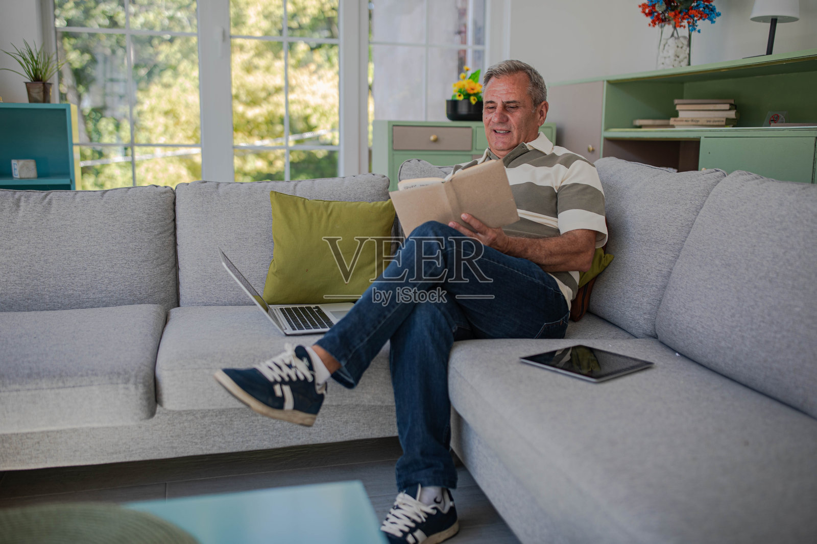 一位养老金领取者坐在客厅里看书照片摄影图片