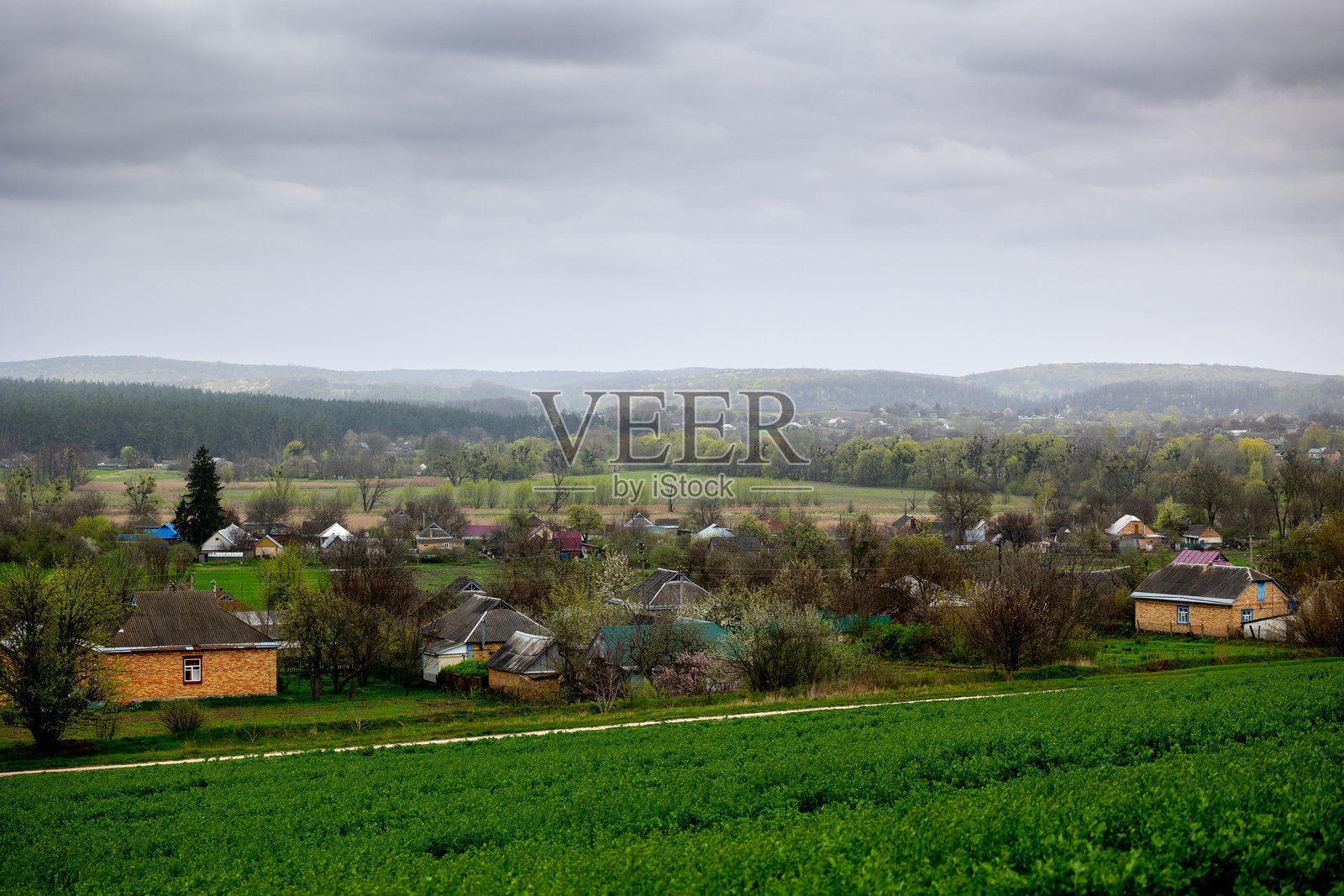 乌克兰切尔卡瑟地区米利耶夫村扎赫列贝利亚的景色。房屋位于维尔尚卡河岸边，周围环绕着春季四月下旬的绿色田野和山丘。照片摄影图片