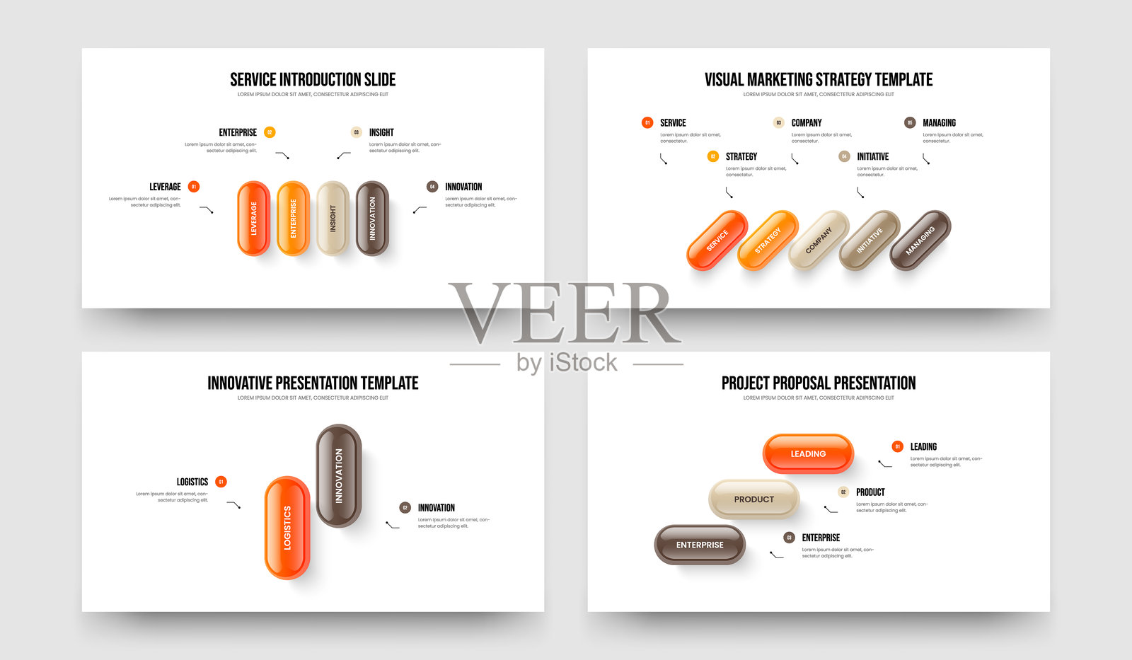 广告策划 4 5 2 3 步骤信息图幻灯片模板集。市场表现四五二三选项图演示设计矢量图集。插画图片素材