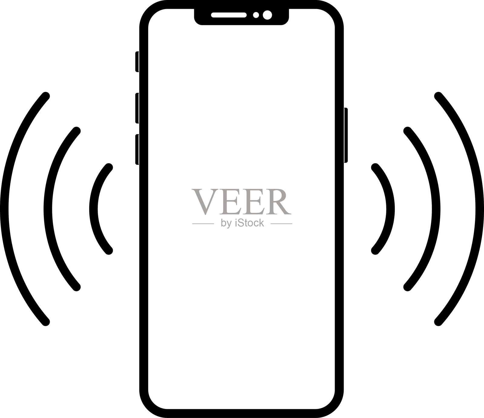 手机震动图标，铃声符号。带震动的手机铃声。轮廓线条描绘的现代智能手机。智能手机声音配置文件，应用程序和用户界面的震动模式图标集。矢量图 illustrati on 。插画图片素材