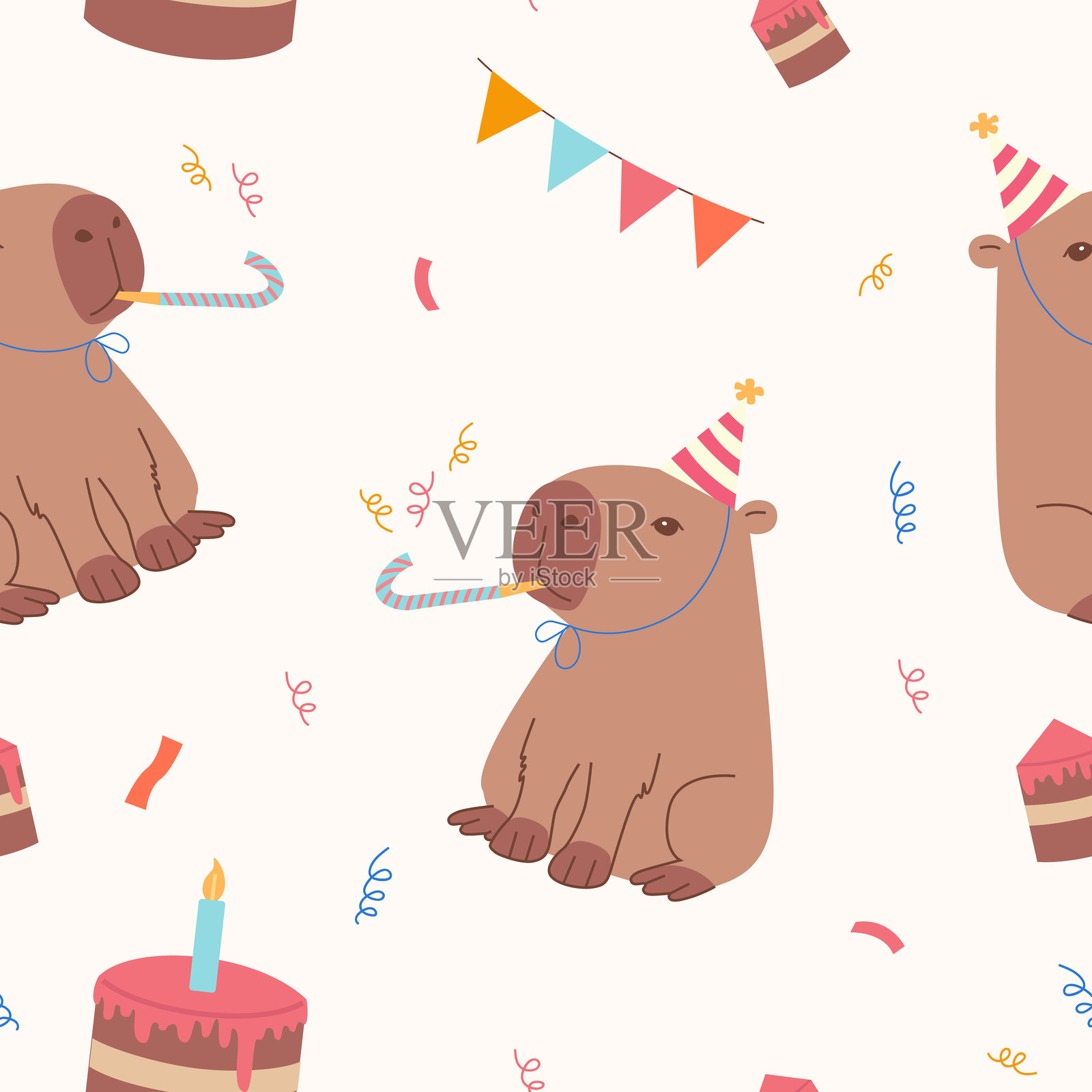 可爱的水豚和蛋糕的无缝图案插画图片素材