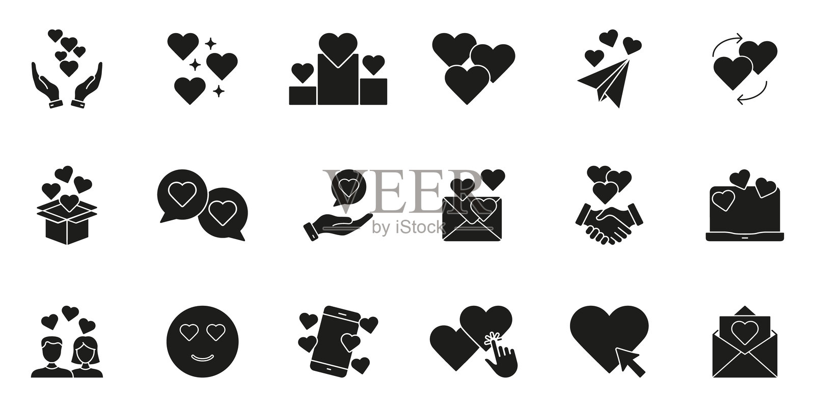 爱心与爱沟通实心图标集。浪漫消息和情感连接剪影符号集。数字互动和情感分享。孤立的矢量图。插画图片素材