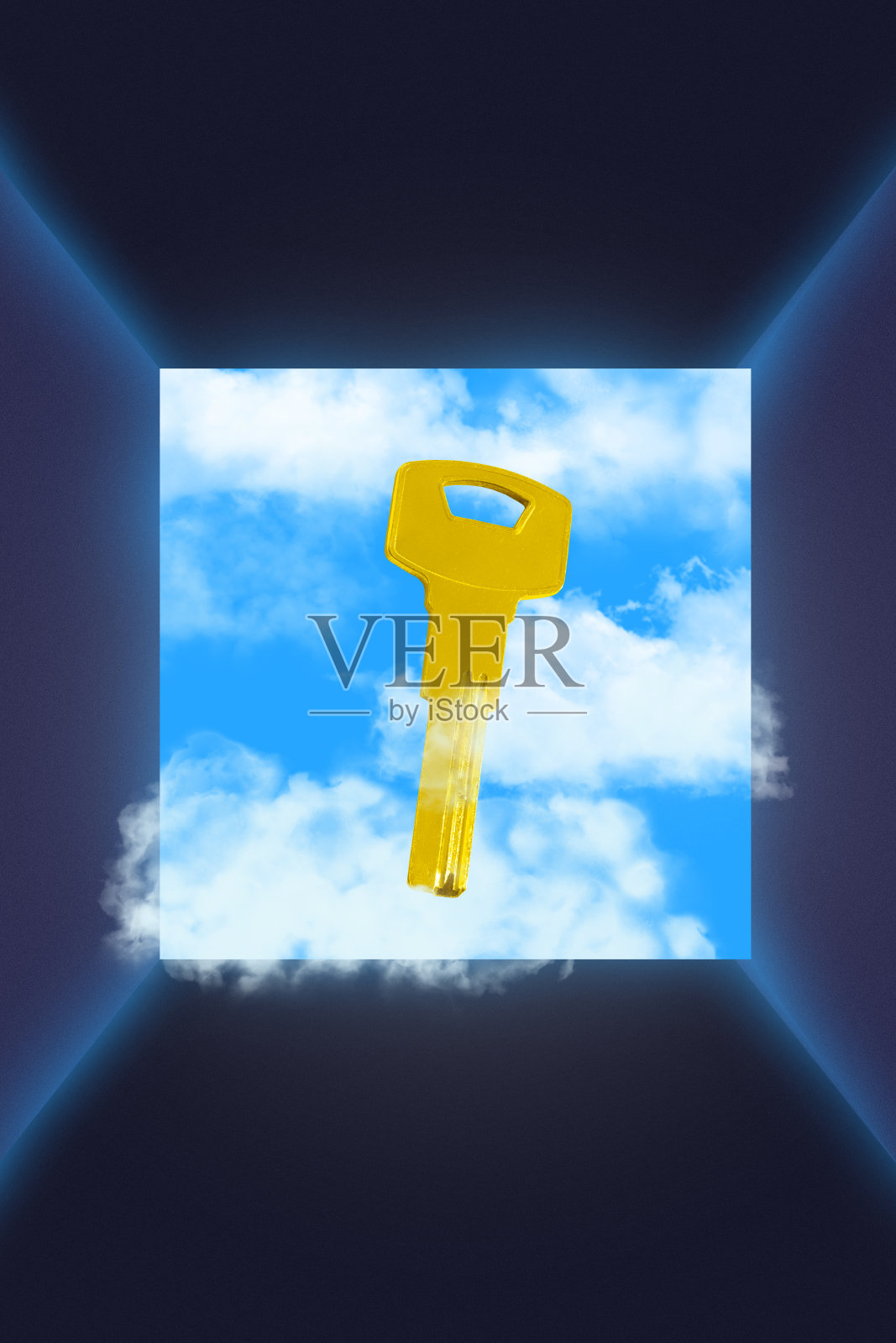 超现实拼贴艺术。一把金色的钥匙漂浮在空中，散发着梦幻般的超现实光芒。照片摄影图片