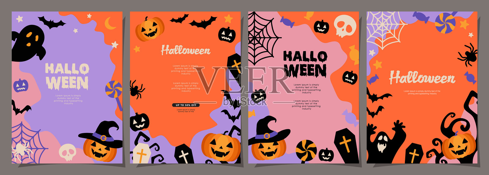 矢量插画：一套快乐万圣节横幅，包含云、蝙蝠和南瓜的派对邀请背景，采用扁平化设计，适用于促销横幅、封面、海报、印刷品和社交媒体帖子。插画图片素材