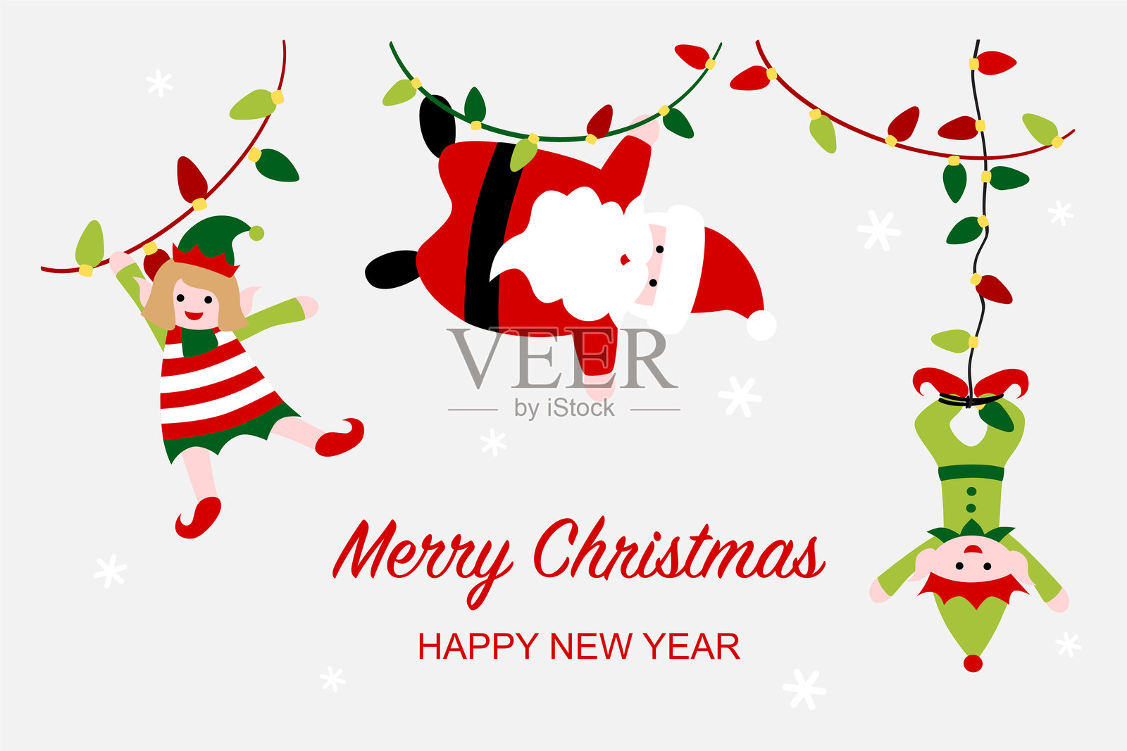 圣诞老人和精灵们与圣诞彩灯插画图片素材