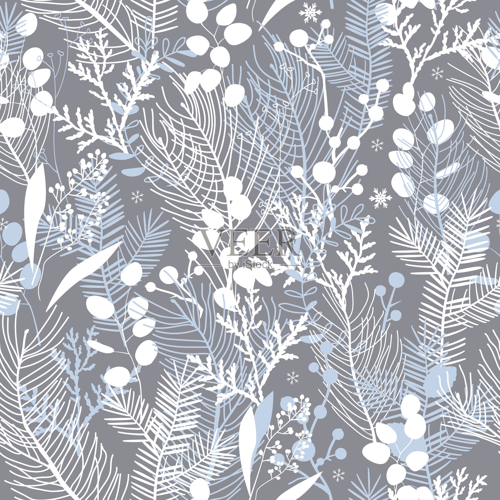 圣诞节中性色调的冰霜花卉无缝图案。节日快乐，冬季森林背景，包含桉树叶、松枝、浆果枝和雪花。插画图片素材