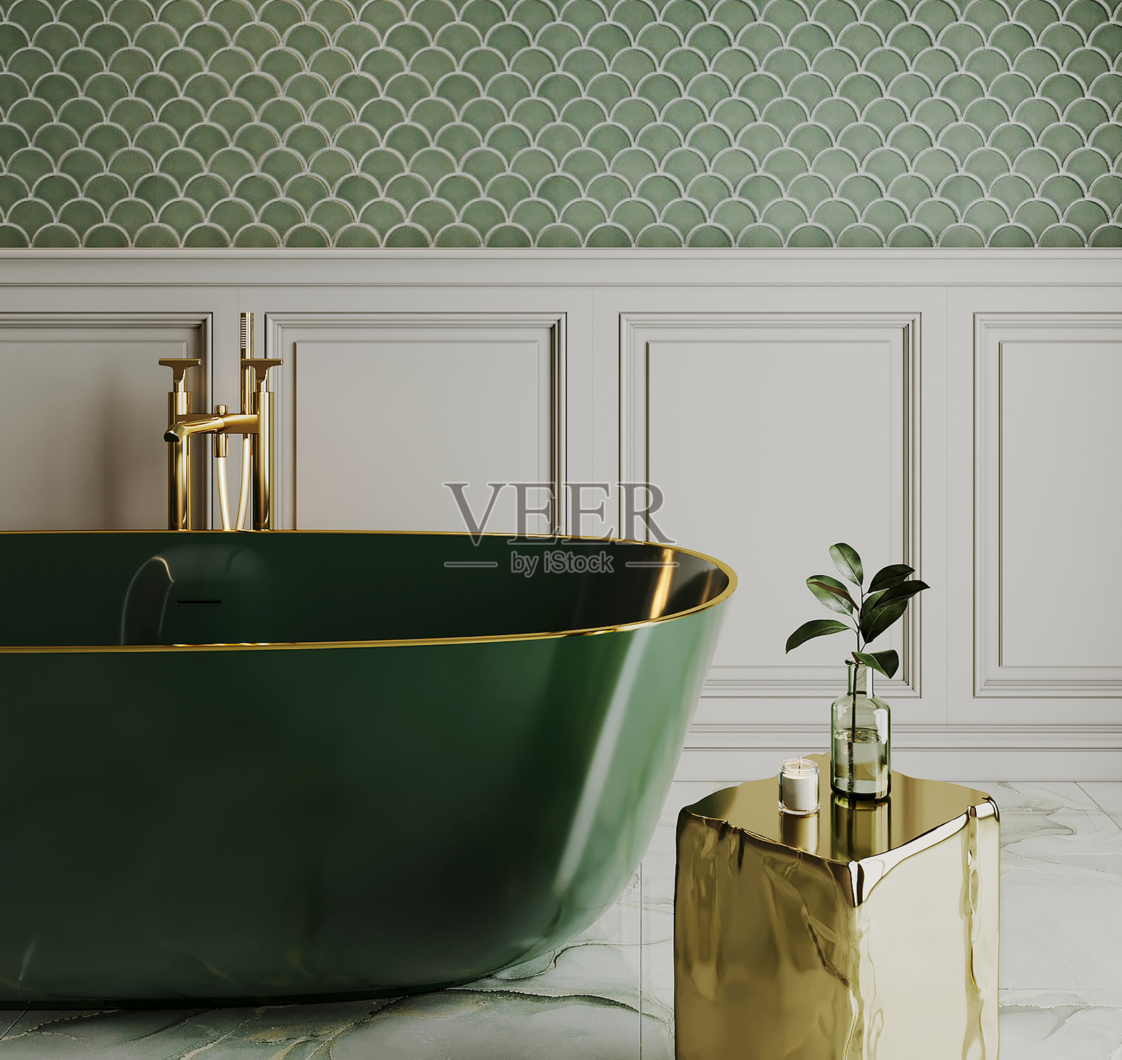 现代豪华浴室内部，配有深绿色独立式浴缸照片摄影图片