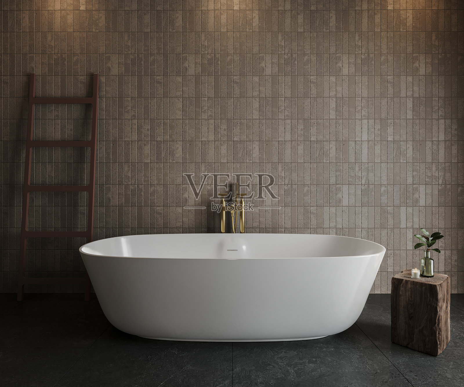 极简风格的豪华浴室，配有白色独立浴缸、金色水龙头、木凳和室内植物。照片摄影图片