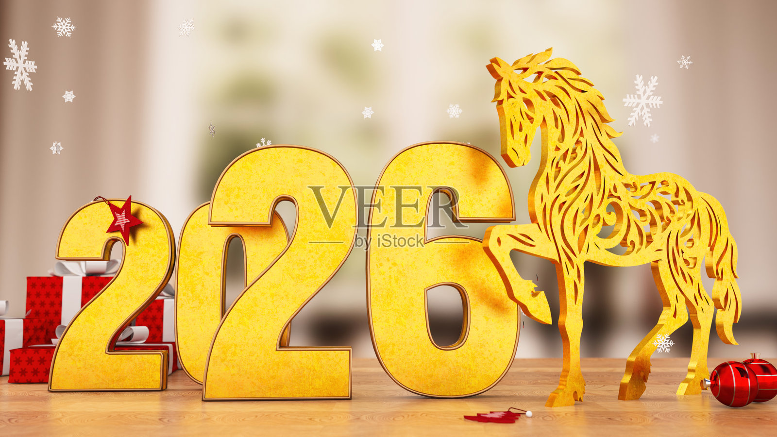 中国新年概念。2026新年快乐，配有金马和节日礼物。照片摄影图片