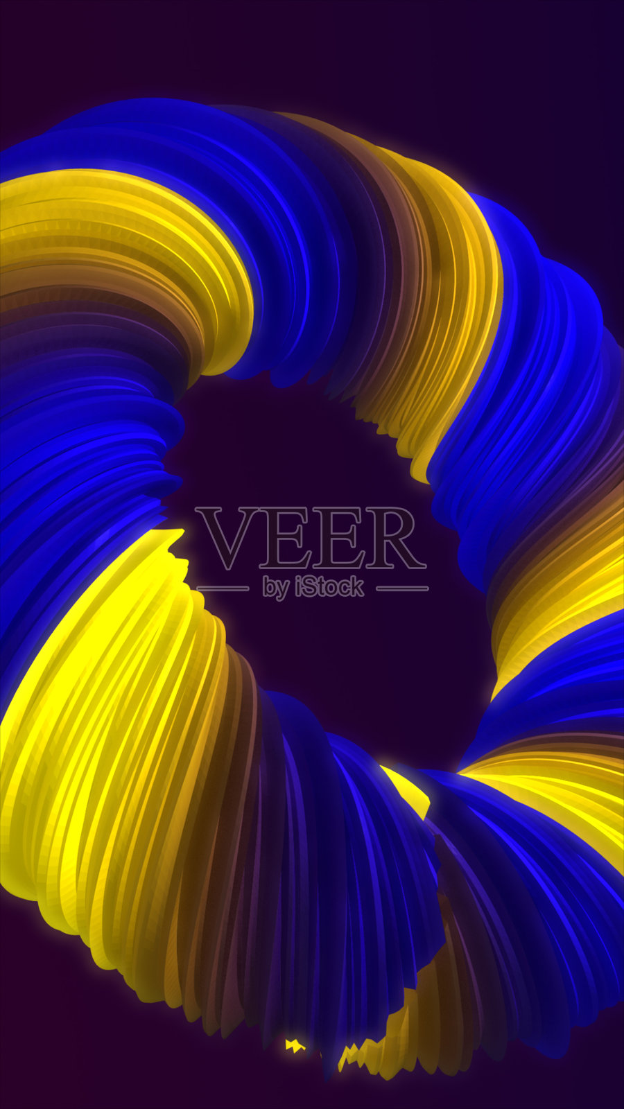 深紫色背景上，蓝色和黄色丝带组成的充满活力的抽象漩涡，形成一个发光的圆形。照片摄影图片