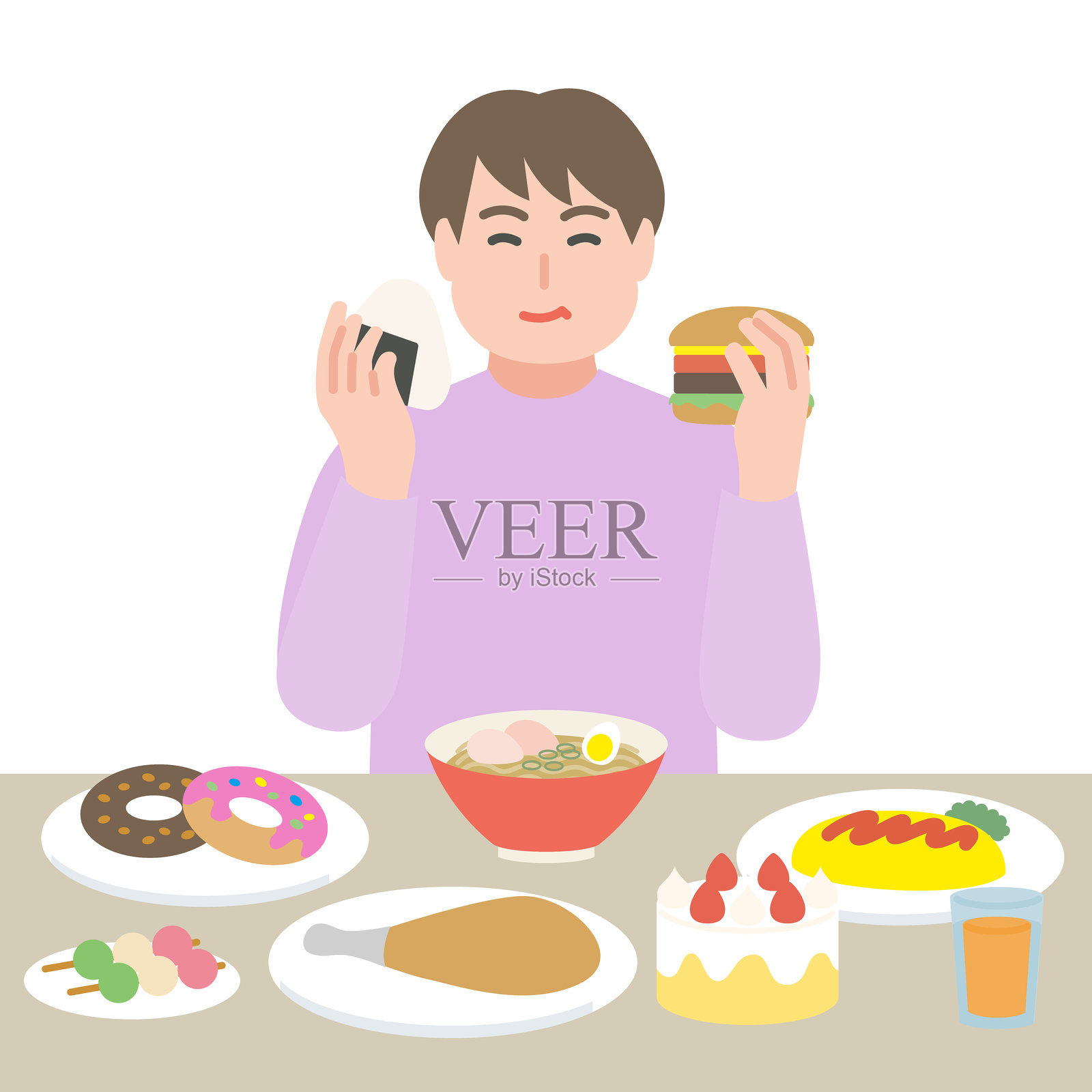 肥胖男子吃不健康食物插画图片素材