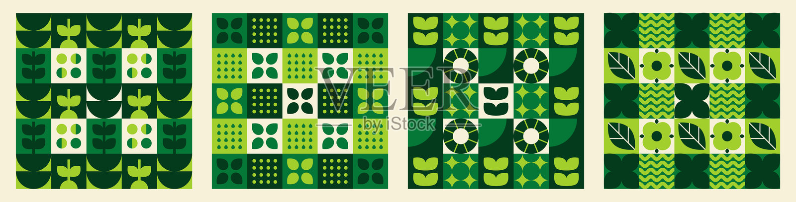 将包豪斯和瑞士设计风格的马赛克图案与农业小麦元素结合，用于环保绿色背景。插画图片素材