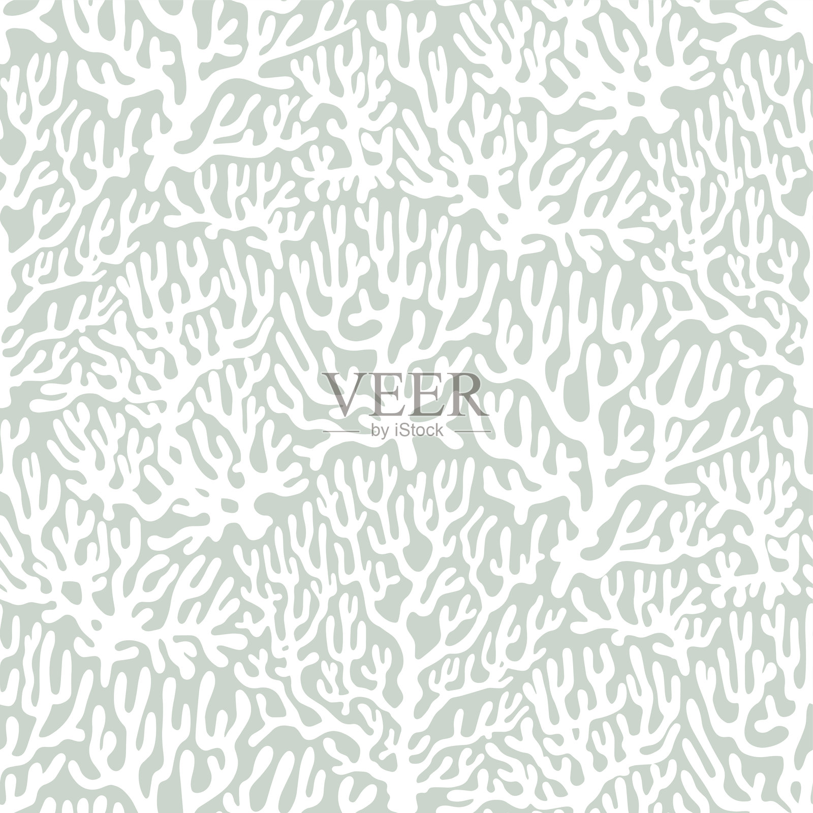 绿色背景上的白色珊瑚礁无缝海景图案。复古海岸极简主义印花，带有珊瑚枝。水下海洋生物、珊瑚和海藻，柔和的绿色。插画图片素材